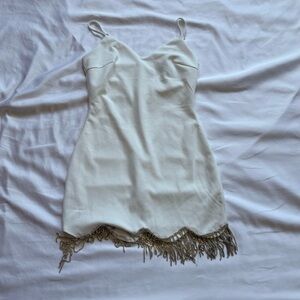 Stylish White Dress with Fringe Accents - minor need of repair (see pic)